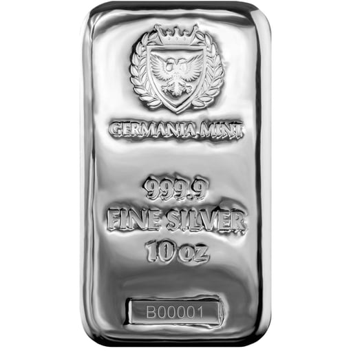 Germania mint 10oz. 9999 silver cast bullion bar