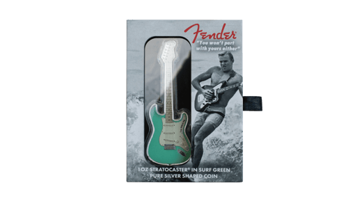 2022 fender stratocaster 1oz. 9999 guitar shaped silver coin in surf green