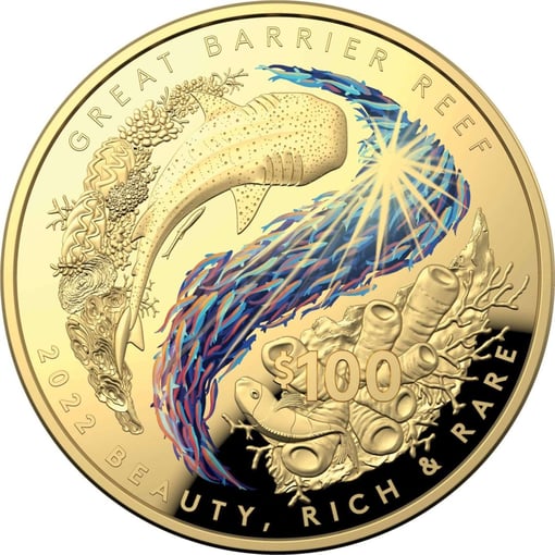 2022 $100 great barrier reef 1oz. 9999 gold coloured proof domed coin
