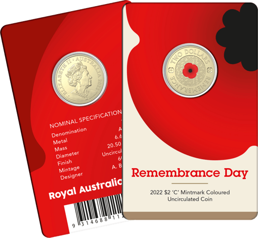 2022 $2 remembrance day - red poppy c mintmark coloured uncirculated coin in card - albr